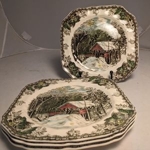 Set of 4 The Friendly Village Salad Lunch Plates by Johnson Bros Covered Bridge